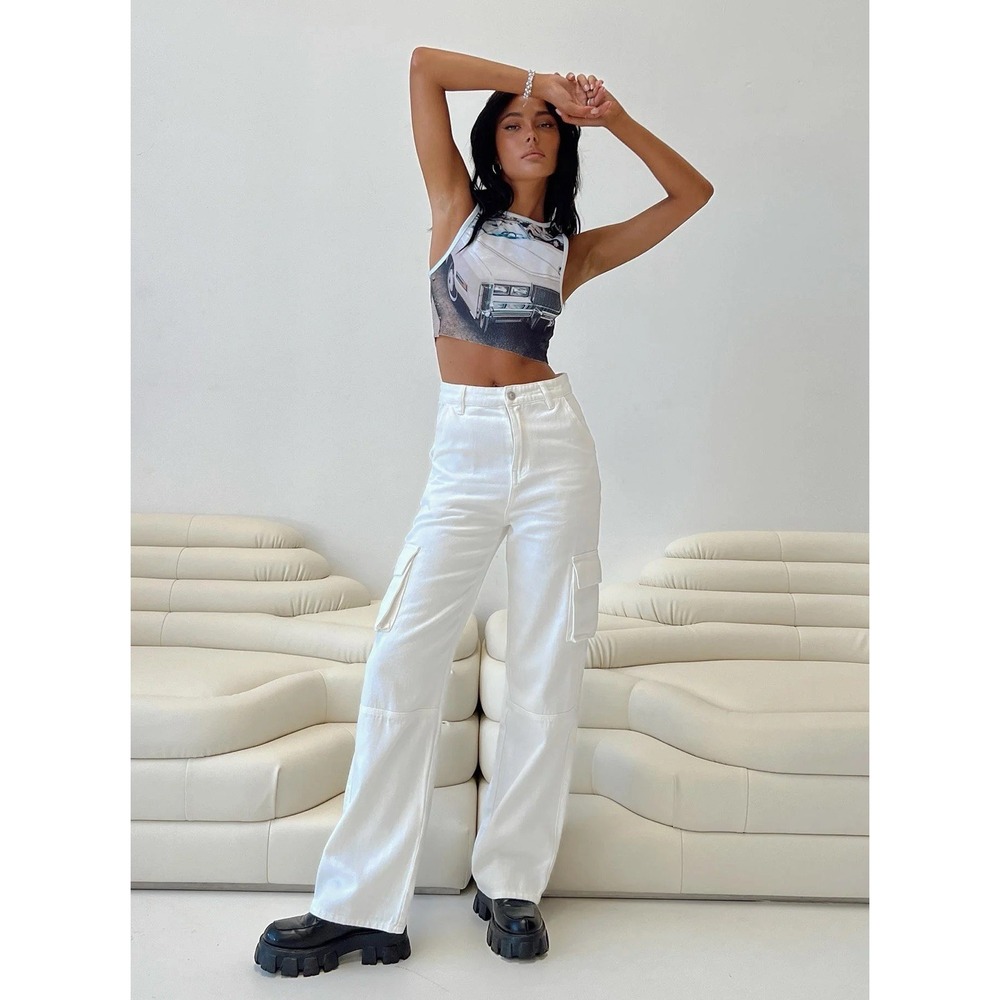 Y2K Wide Leg Baggy Cargo Pants Jeans Princess Polly White Denim Mid Rise US 6